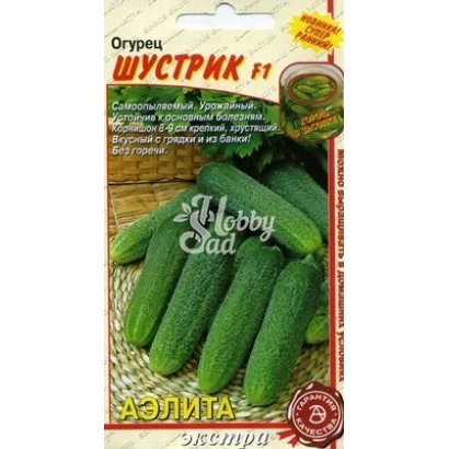 Seed packet of cucumber SHUSTRIK F1 with image of green cucumbers