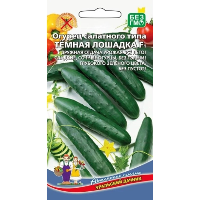 Пакет семян огурца Тёмная лошадка с изображением зелёных огурцов