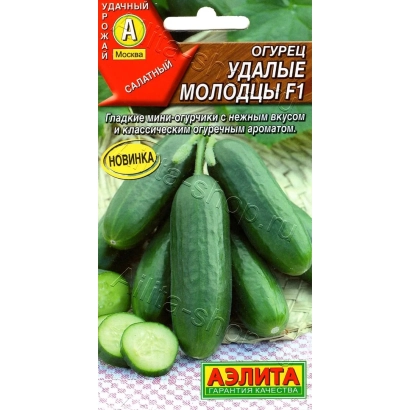 Пакет семян огурца УДАЛЬЕ МОЛОДЦЫ F1 с изображением зеленых огурцов - УДАЛЫЕ МОЛОДЦЫ