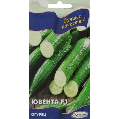 Семена огурца Ювента F1 на упаковке с изображением свежих огурцов