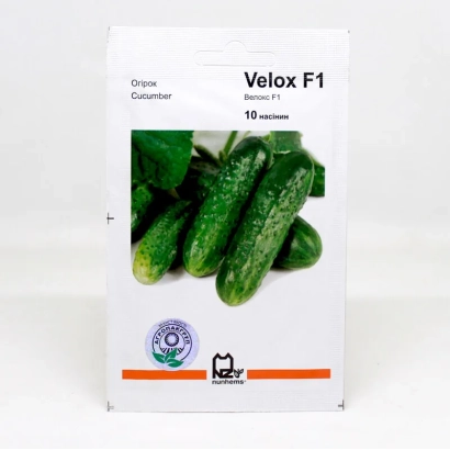 Seed packet of cucumber Velox F1 with image of fresh cucumbers