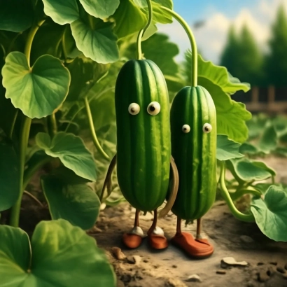 Иллюстрация с антропоморфными огурцами на грядке - Вереница