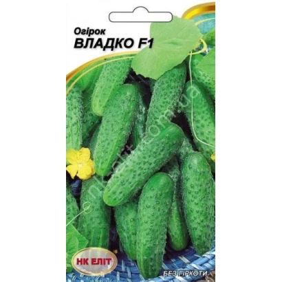 Пакет семян огурца Владко F1 с изображением зеленых огурцов и цветка.