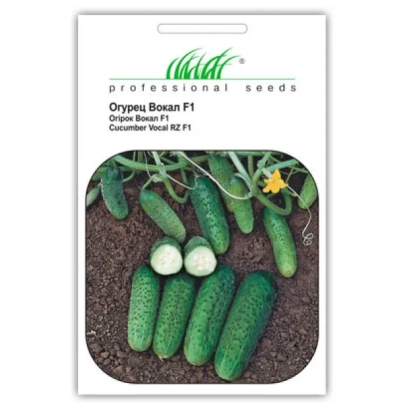 Seed packet for cucumber variety Vocal F1 showing cucumbers on soil
