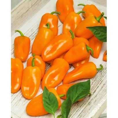 Оранжевые перцы ИРЛАНДЕЦ на деревянной поверхности с зелеными листьями.