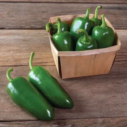 Зеленые перцы Пантера в деревянной корзине на деревянном фоне