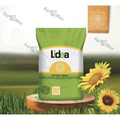 Bag of sunflower seeds Lidea on a field background with sunflowers - ES ELECTRIC CLP