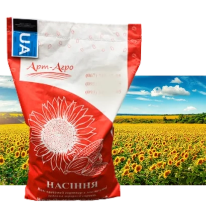 Мішок насіння соняшника з написом НАСИНЯ на червоному фоні та зображенням поля - ЛГ 1234 ІА