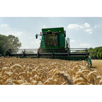 Green combine harvester in a wheat field - Arista