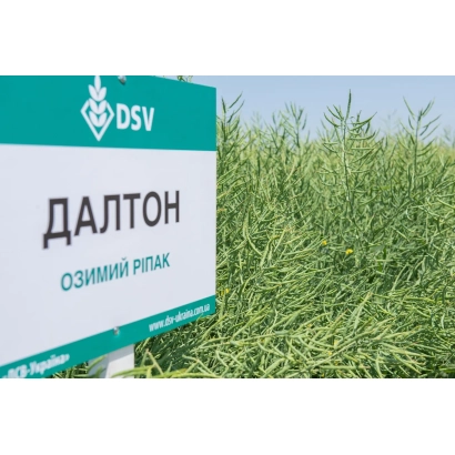 Знак з назвою продукту «Далтон» на фон рапсу