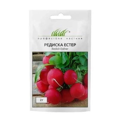 Seed packet of radish Ester with image of fresh red root vegetables.
