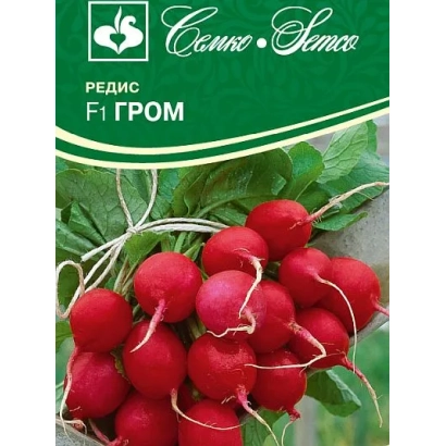 Seed packet of radish variety Grom with image of red root vegetables