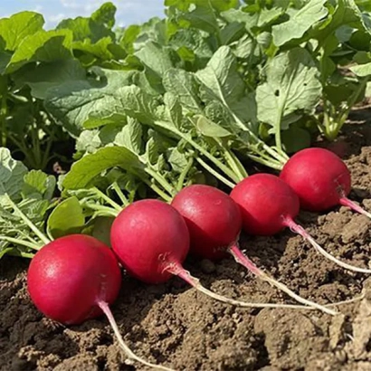 Свежие красные редиски с зелеными листьями на земле - Пепито