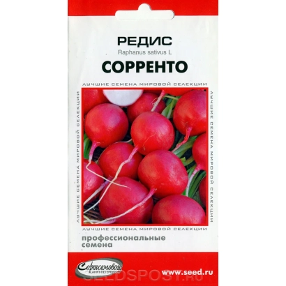 Пакет насіння редиски СОРЕНТО з зображенням свіжих коренеплодів.