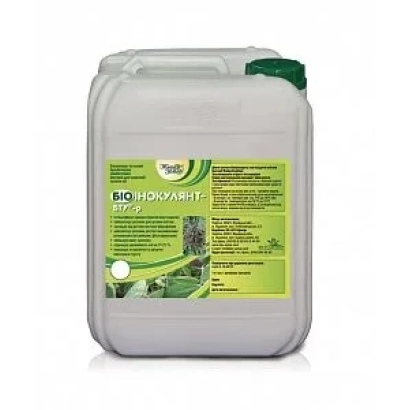 Белая канистра с зелёной крышкой и этикеткой «БИОИНОКУЛЯНТ-БТУ-р»