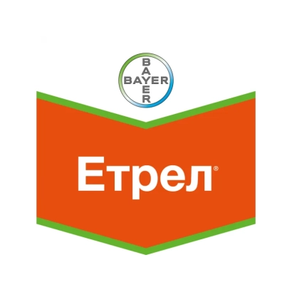 Логотип Bayer с названием продукта Етрел на оранжевом фоне - Этрел / Етрел