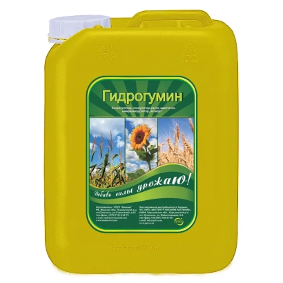 Желтая канистра с этикеткой Гидрогумин и изображением подсолнуха