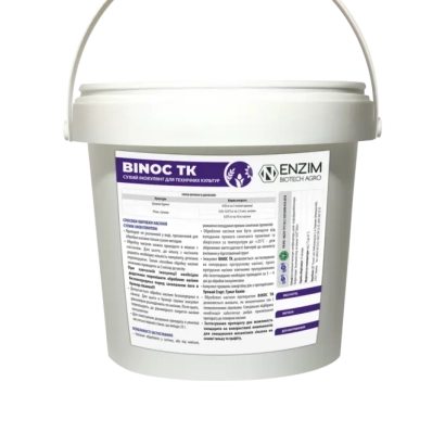Белое ведро с этикеткой BINOC TK и логотипом ENZIM - Микробиологический инокулянт «BINOC»