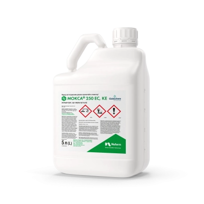 Белая канистра с этикеткой MoxaT 250 EC и зелёным логотипом производителя - Мокса 250 ЕС