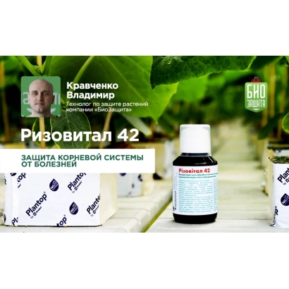 Бутелька та упаковка продукту Різовітал 42 на фоні зелених листів