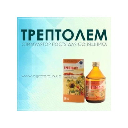 Продукт ТРЕПТОЛЕМ с изображением упаковки и бутылки на фоне - Трептолем+В