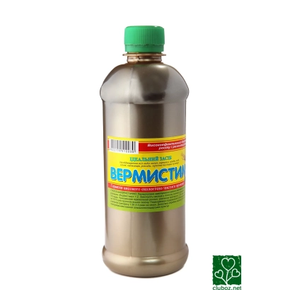 Бутылка с продуктом ВЕРМИСТИМ на зеленой этикетке - Вермистим-Д