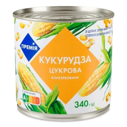 Консервированная сахарная кукуруза в банке с изображением початков и логотипом ПРЕМИЯ - ПРЕЛЮДИЯ