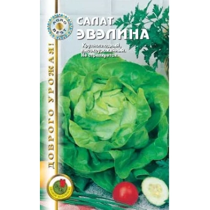 Пакет семян салата Эвелина с изображением листьев салата и овощей