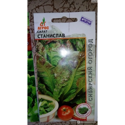 Пакет семян салата Станислав с изображением листьев и овощей