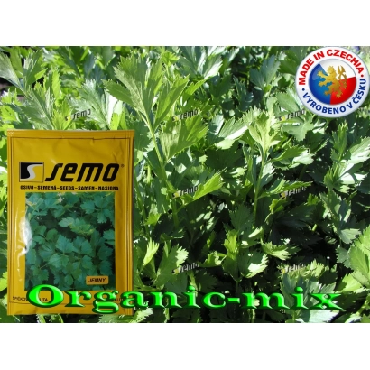 Желтый пакет с семенами Jemny на фоне сельдерея - Емна