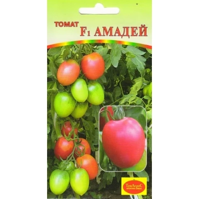 Пакет семян томата Амадей с изображением плодов на кусте