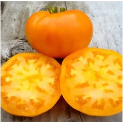 Свежий оранжевый томат Амана Оранж, целый плод и два разрезанных пополам, показывающих внутреннюю структуру