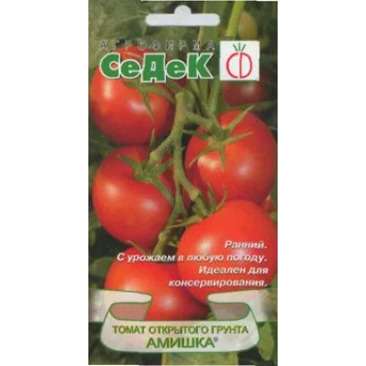 Seed packet of tomato Amichka with image of red fruits on branches - AMISHKA