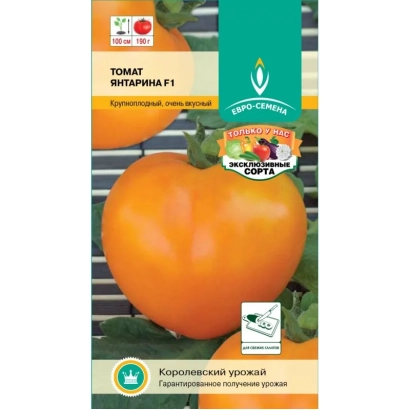 Пакет семян томата Янтарина F1 с изображением оранжевого помидора
