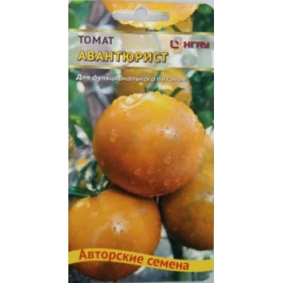 Seed packet of tomato Adventurer with image of ripe fruits.