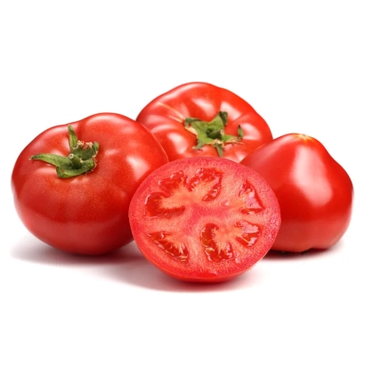 Red tomatoes, one sliced in half, on a white background - Bosfor