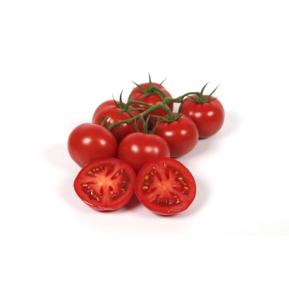 Свежие красные томаты на ветке и два разрезанных плода на белом фоне. - ДАМАРЕСС