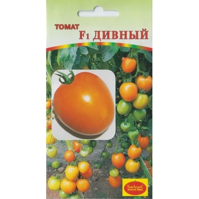 Пакет семян томата Ф1 Дивный с изображением спелого красного помидора на фоне куста