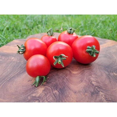 Красные томаты Доминатор на деревянной доске на фоне травы