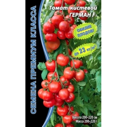 Пакет семян томата кистевого ГЕРМАН F на фоне куста с красными плодами
