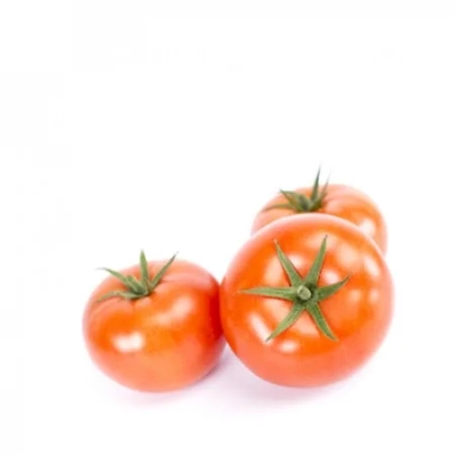 Three red tomatoes of the Guyana F1 variety on a white background