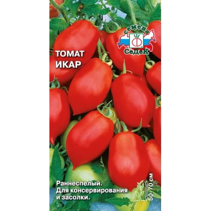 Seed packet of tomato IKAR with image of red tomatoes