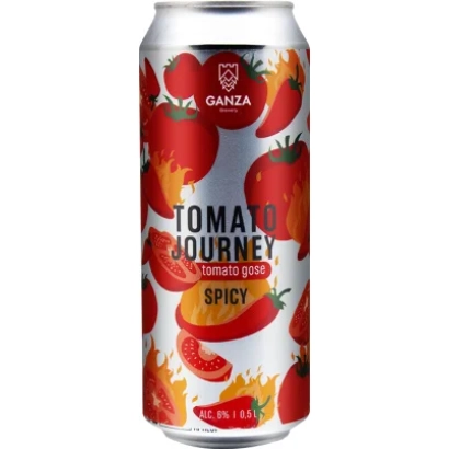 Банка томатного сока Journey с изображением красных томатов и надписью Spicy - Джорней