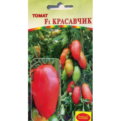 Пакет семян томата Красавчик с изображением красных и зеленых плодов на фоне куста