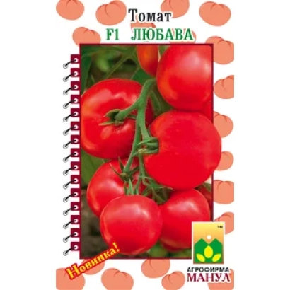 Семена томата Любава F1 на упаковке с изображением красных помидоров