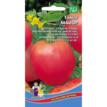Пакет семян томата Майор с изображением красных плодов и желтых цветов