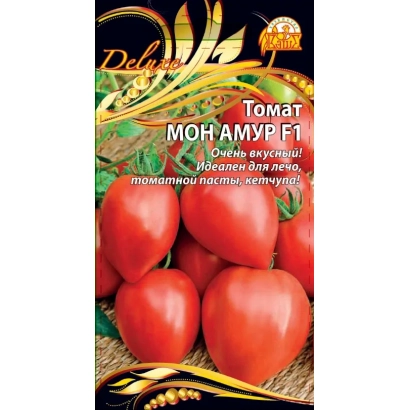 Пакет семян томата МОН АМУР с изображением красных помидоров.