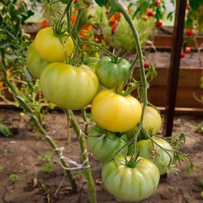 Спелые и зеленые помидоры сорта НЕВЕСТА на кусте