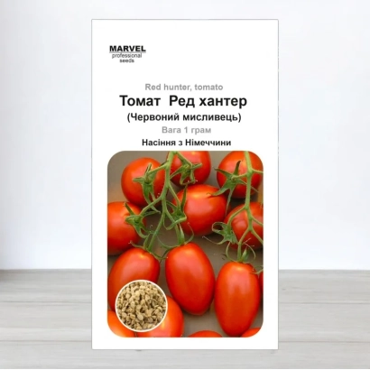 Seed packet of Red Hunter tomato with image of red tomatoes