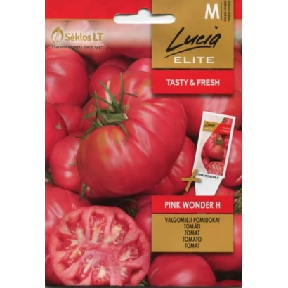 Seed packet for Pink Wonder tomato with image of ripe tomatoes - Pink Beauty